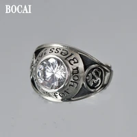 bocai real s925 silver jewelry fashion hip hop personality white zircon ring for men retro style holiday gift