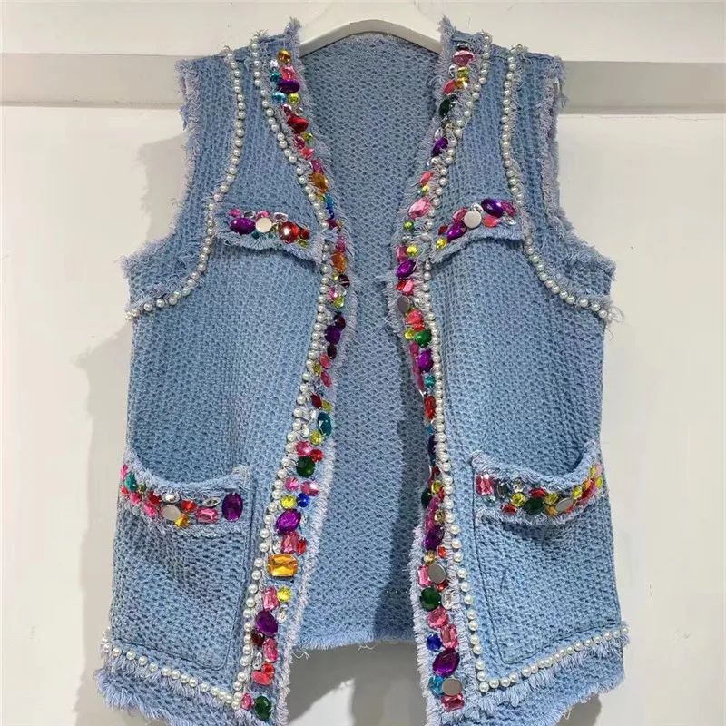 

Diamonds Beading Denim Vest Women Waistcoat Hem Fringe Cowboy Sleeveless Jacket Coat V Neck Big Pocket Casual Jeans Vest Female