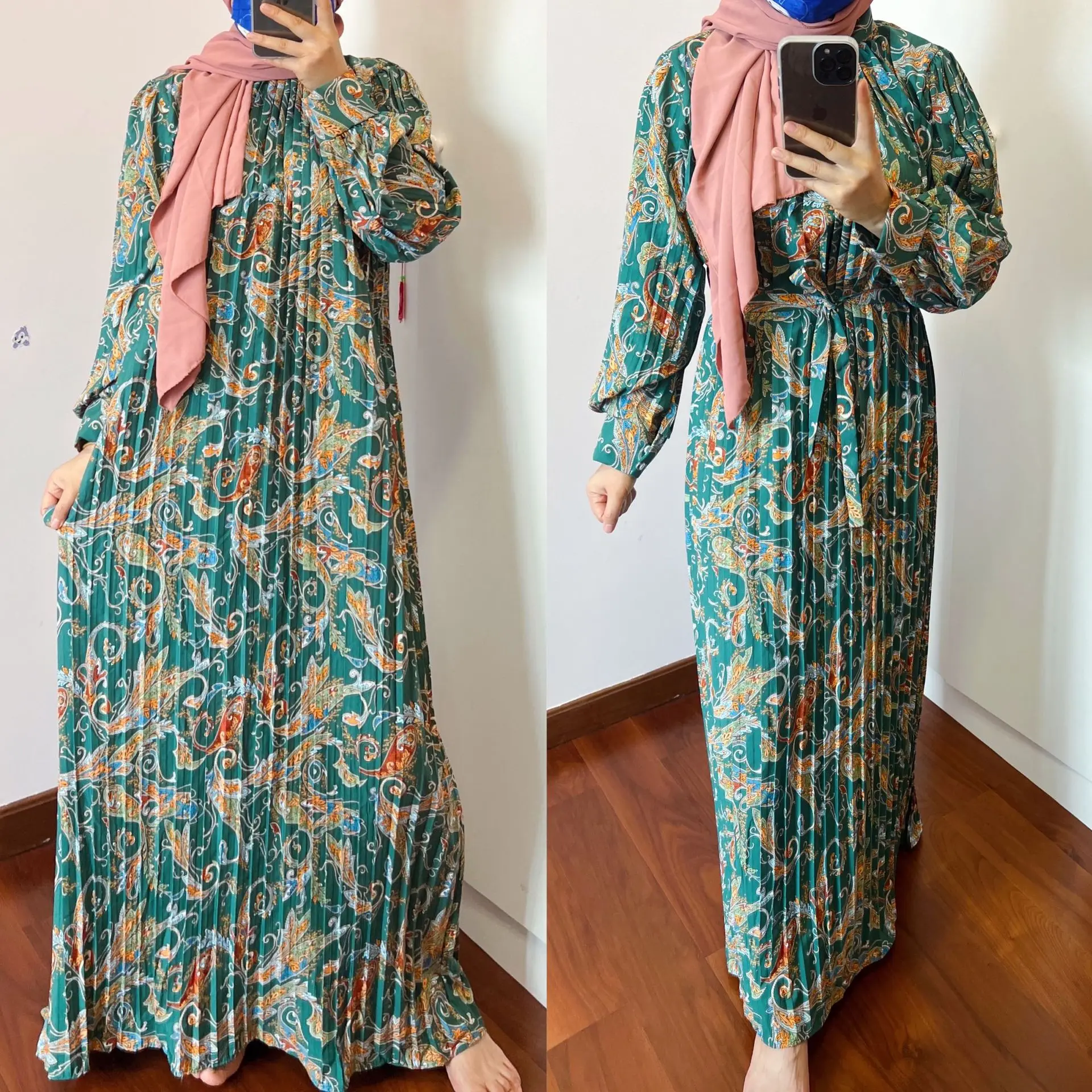 

Floral Printed Muslim Fashion Hijab Dress Pleated Abaya Dubai Turkey African Long Dresses for Women Islamic Clothing Kaftan Robe