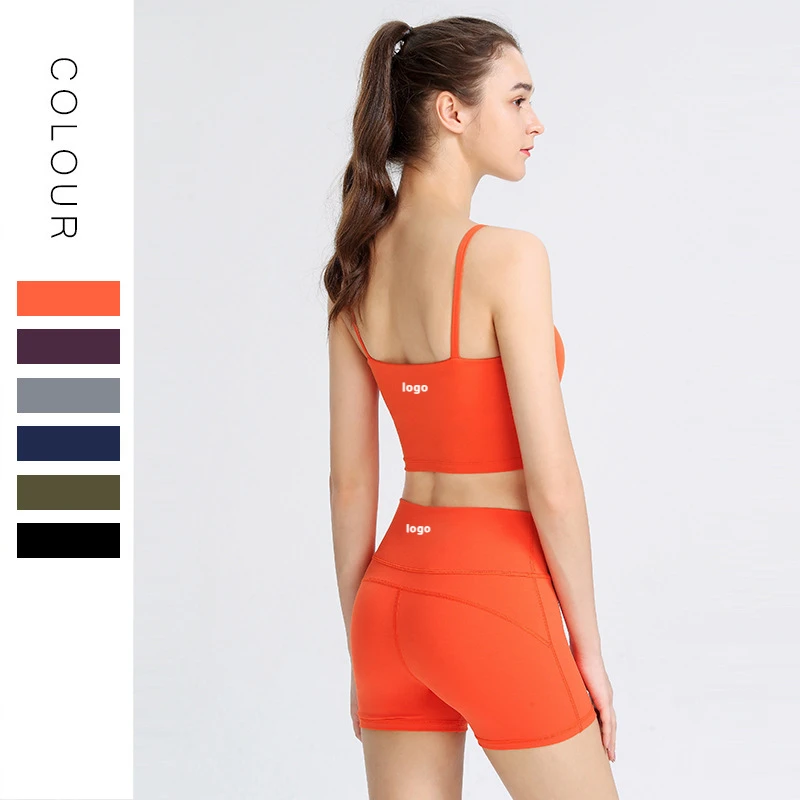 

Yoga Running Set with Logo for Women Nude Fitness Yoga Suit Two Piece Tight Shorts Tank Top Yoga Set Female