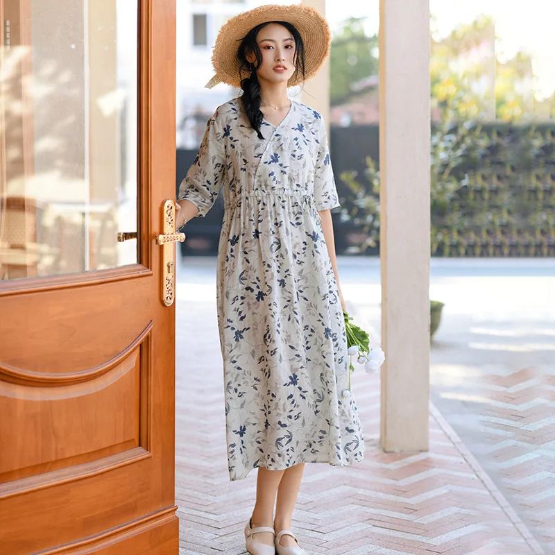 

Summer Cotton Linen Cheongsam Dress Elegant Floral Printing V Neck Short Sleeved High Waist Ramie Vestidos De Verano Mujer 2022