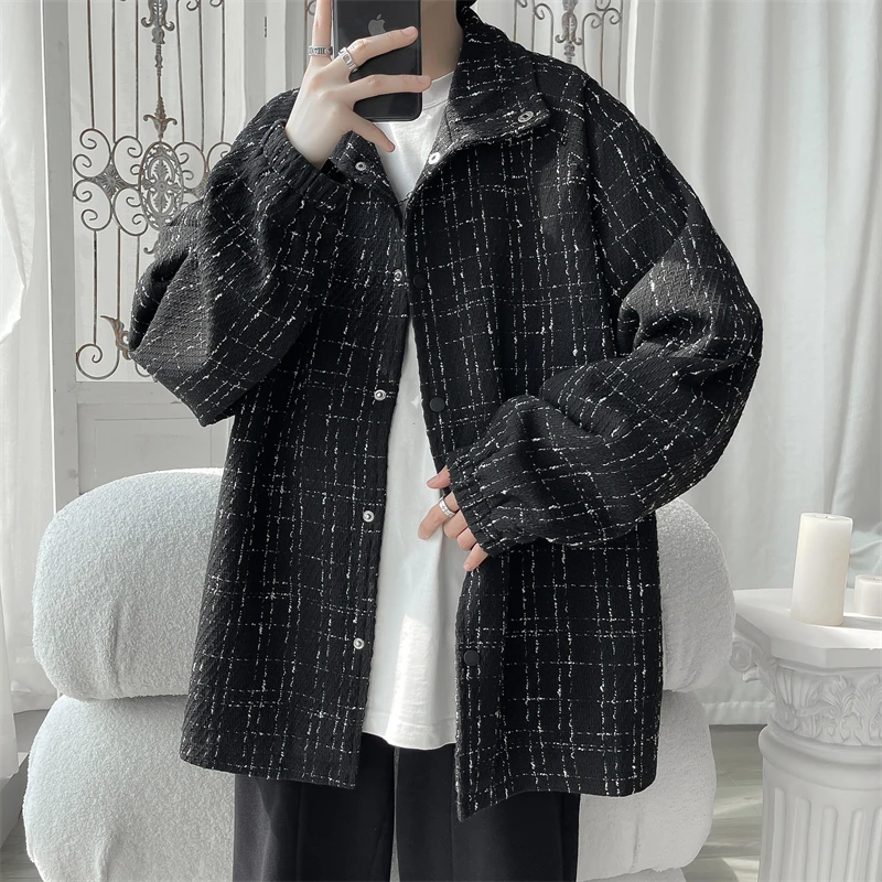 

Plus Size 5XL-M Spring New Loose Casual Plaid Jackets For Men Clothing 2023 Turn Down Collar Single Breasted Unisex Coats Black