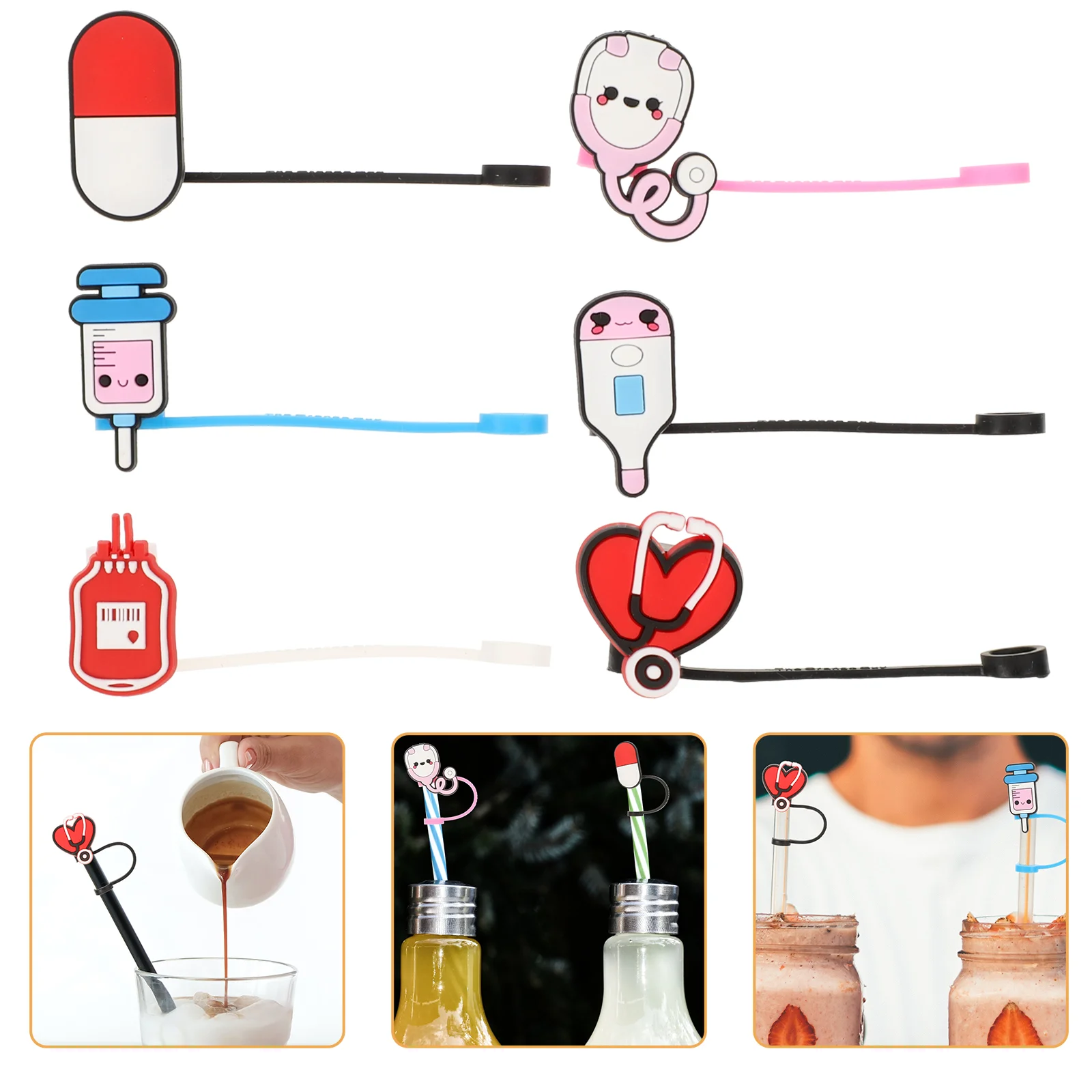 

6 Pcs Medical Themed Straw Caps Nursing Accessories Nurses Decorations Silica Gel