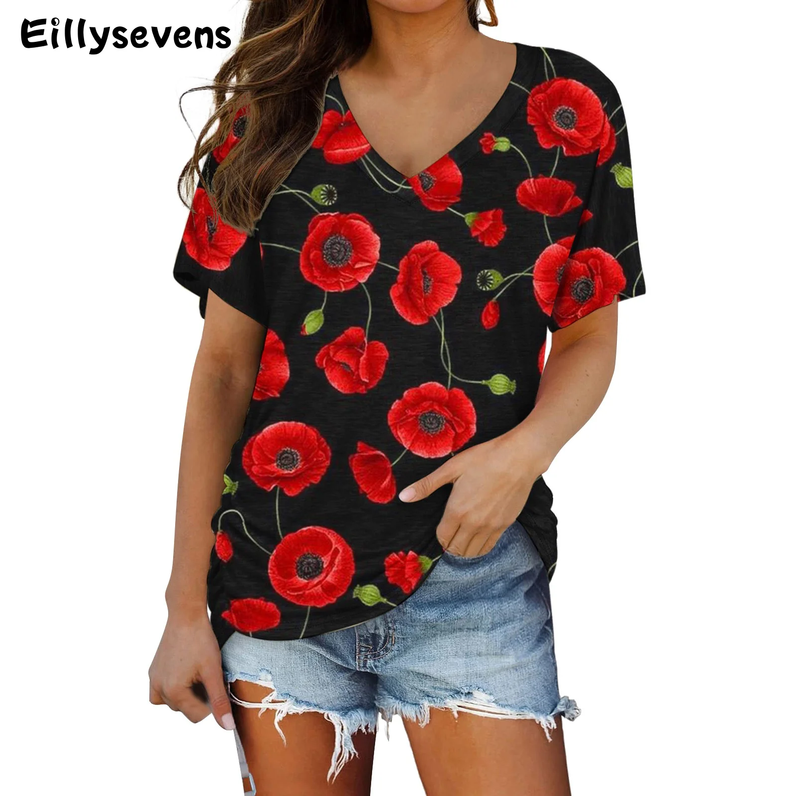 

Женская футболка с коротким рукавом, V-образным вырезом и цветочным принтом