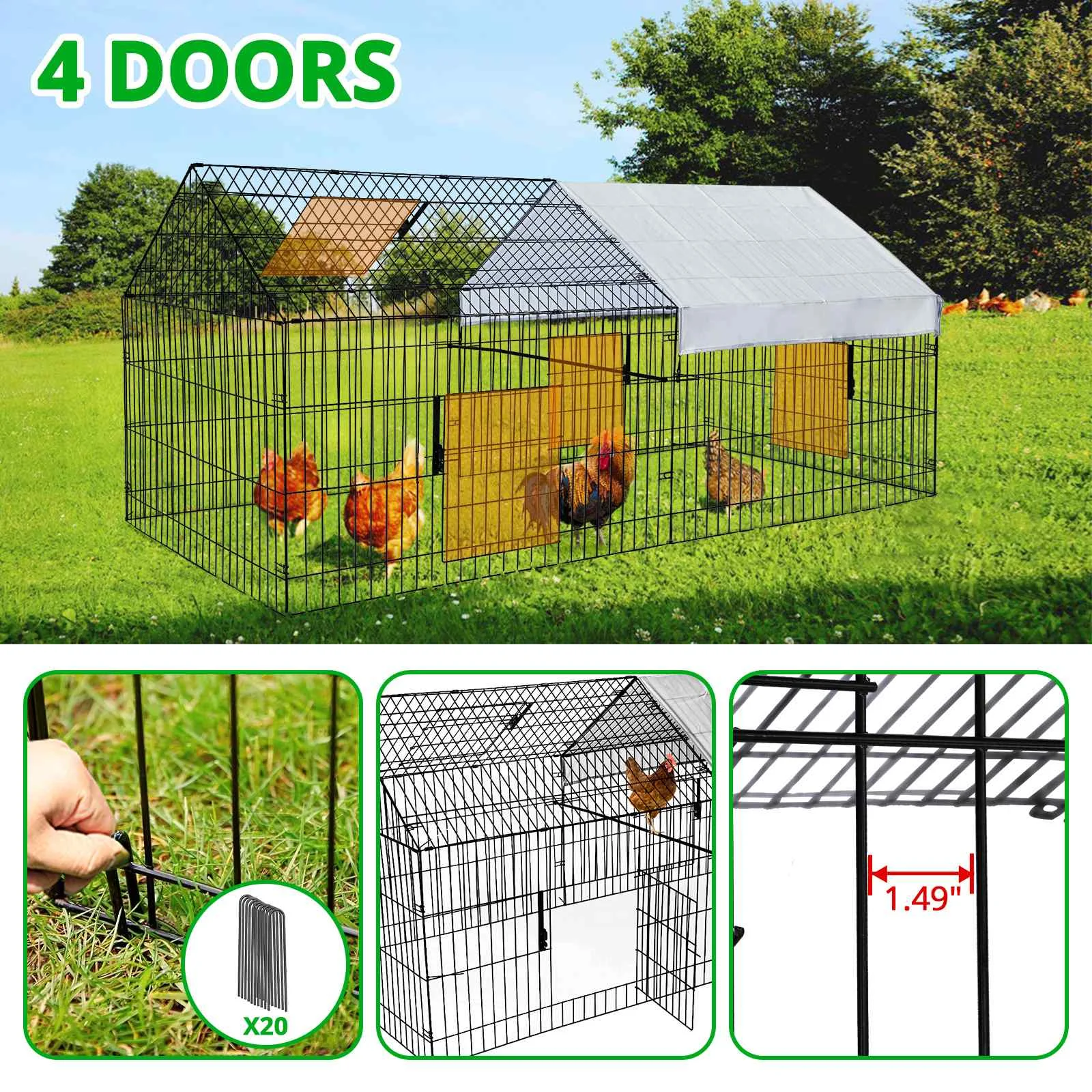 

Metal Chicken Coop Run Cage Fence Pen Pet Playpen Enclosures with Protection Cover Cage Indoor Outdoor