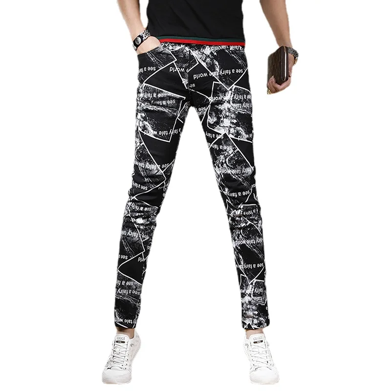 Summer Men Fashion Printed Black Jeans Streetwear Casual Slim Fit Straight Pants Korean Style Digital Printing Denim Trousers