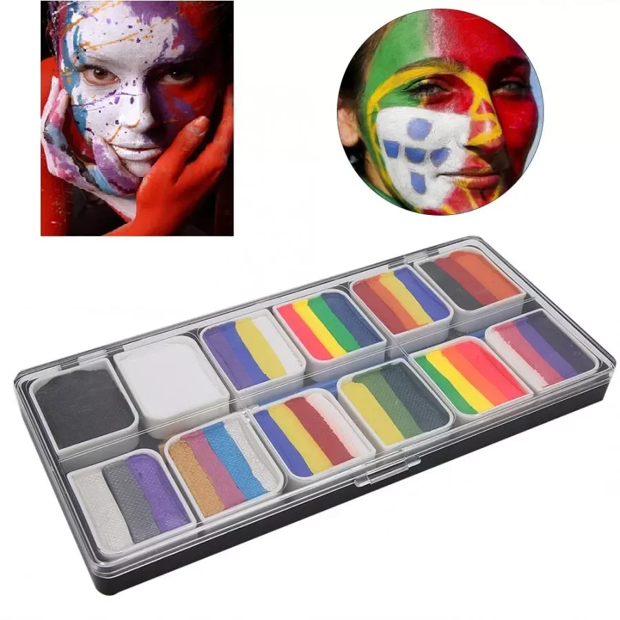 

NEW2022 краска для тела, 12 цветов, краска для лица на водной основе, для Хэллоуина, вечеринки, игровой веер, необычный макияж для тела, вечеринки, ...