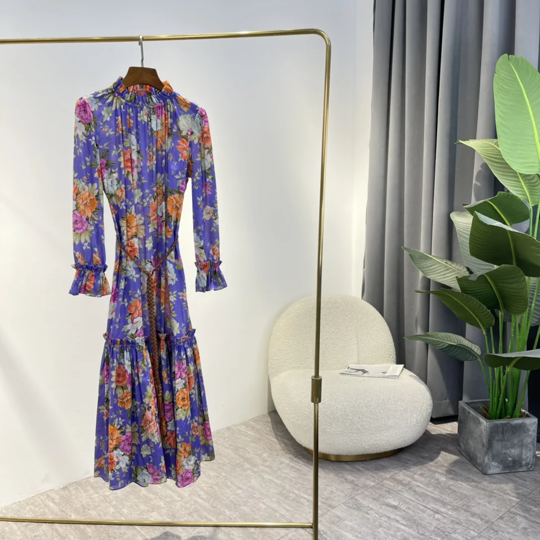 

Spring Summer Top Quality 2022 Cotton Vintage Pink Orange Flowers Print Purple Frill Ruffle Patchwork Mid-calf Dress Women