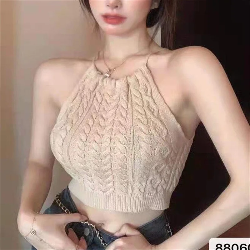 

(Free Gift) Short Lace-up Halterneck Knitted Vest with Hollow Back for Women