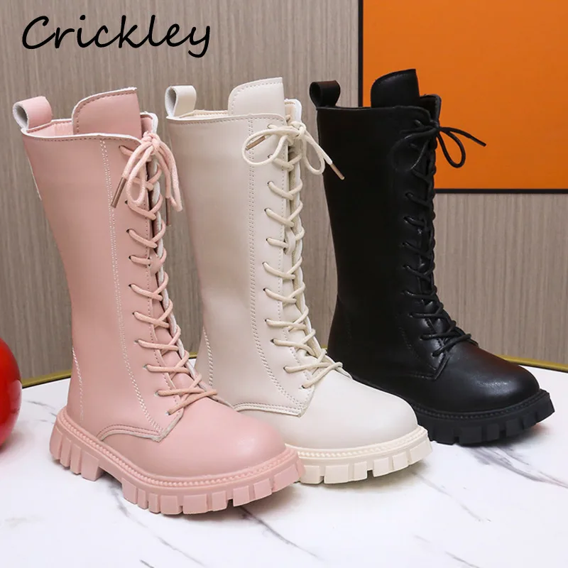 

Autumn Winter Solid Girls Knee High Boots Plush Warm PU Leather Children Fashion Boots Soft Zipper Anti Slip Kids Long Shoes