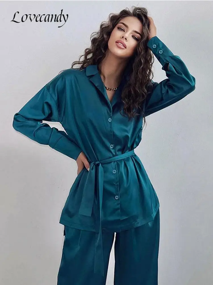 

Women Solid Lace-up Single Breasted Pants Suits 2023 Loose Shirts Wide Leg 2 Piece Sets Female Lapel Spring Fashion Casual Suit