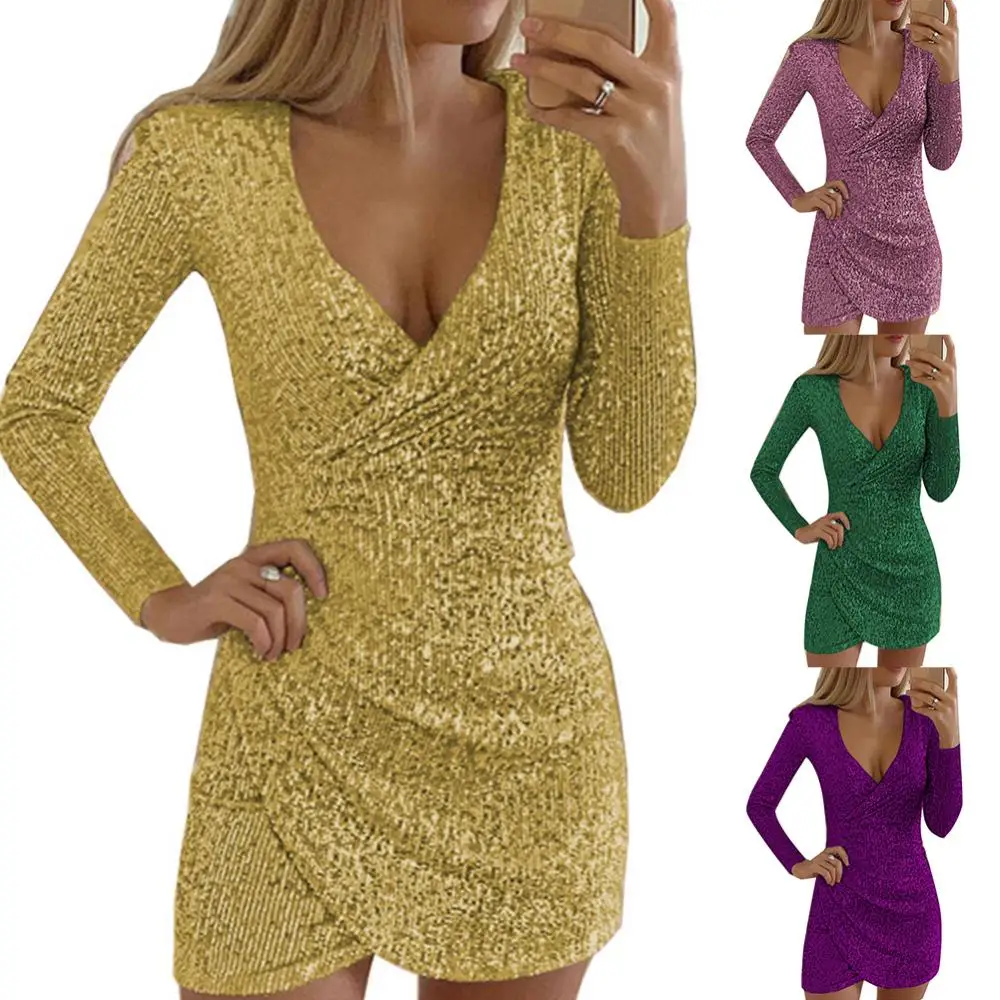 

Sexy Deep V Neck Sequin Mini Dress Elegant Wrap Long Sleeve Irregular Dress Autumn Solid Folds Waisted Shiny Slim Party Dresses