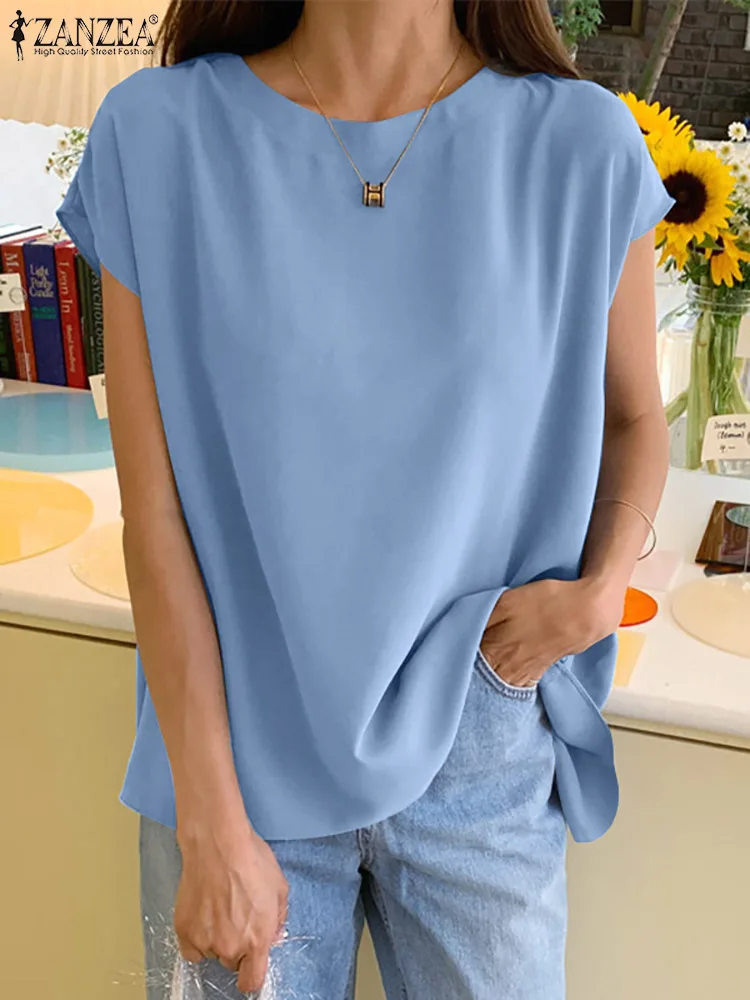 

Женская летняя блузка с круглым вырезом и асимметричным подолом