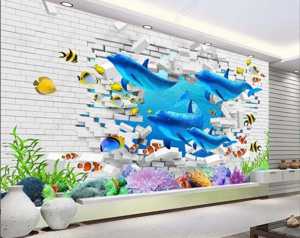 

3d photo Wallpapers custom mural brick wall ocean dolphin coral tropical fish home decor living room wallpaper for walls 3d