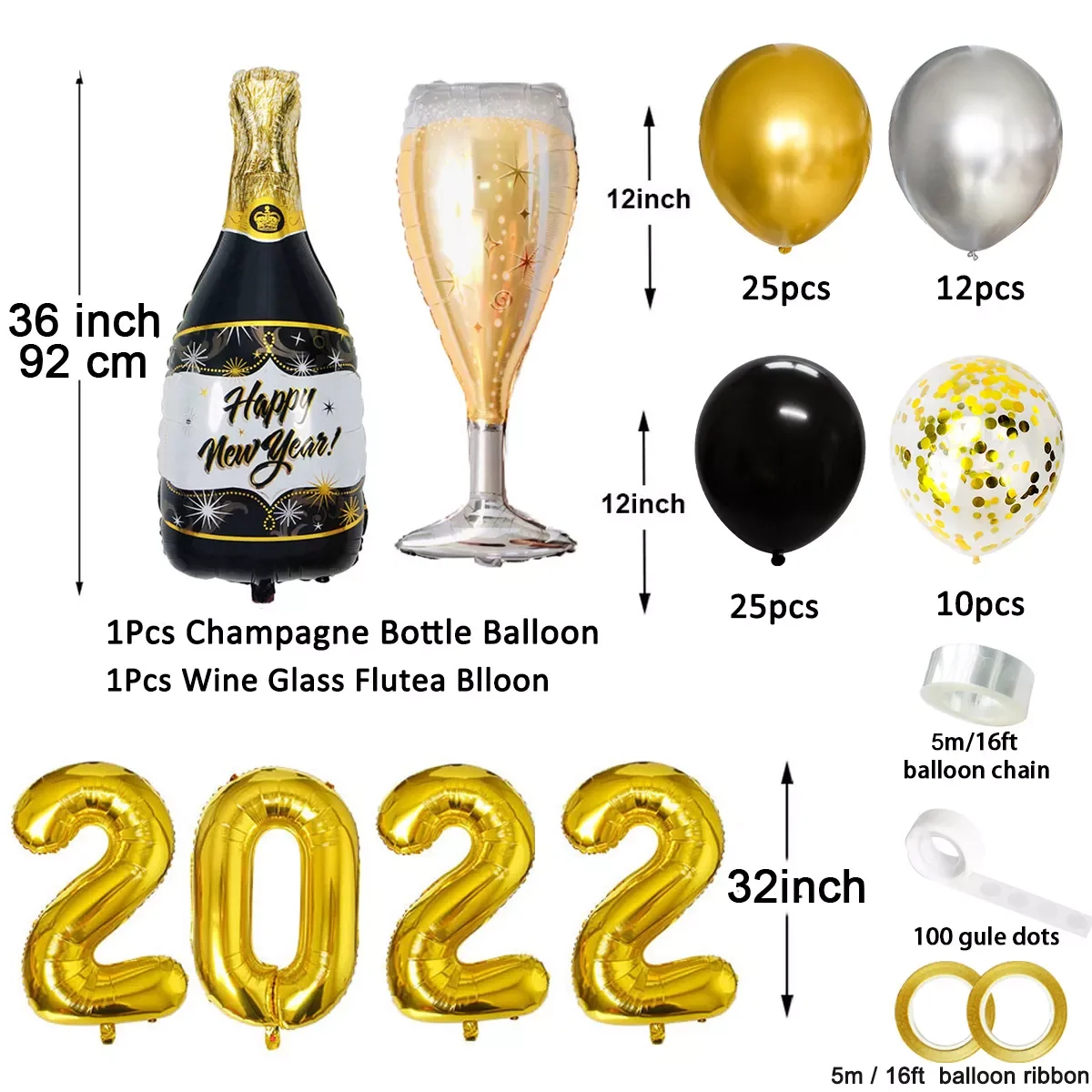 

New Hot 78pcs Gold Black Latex Foil Bottle Wine Glass Balloons 2022 Happy Ballon 2022 Year Eve Party Decorations For Home Mer