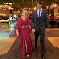 verngo dark red chiffon evening dresses long cape sleeves v neck mother of the bride dress front slit plus size prom gowns