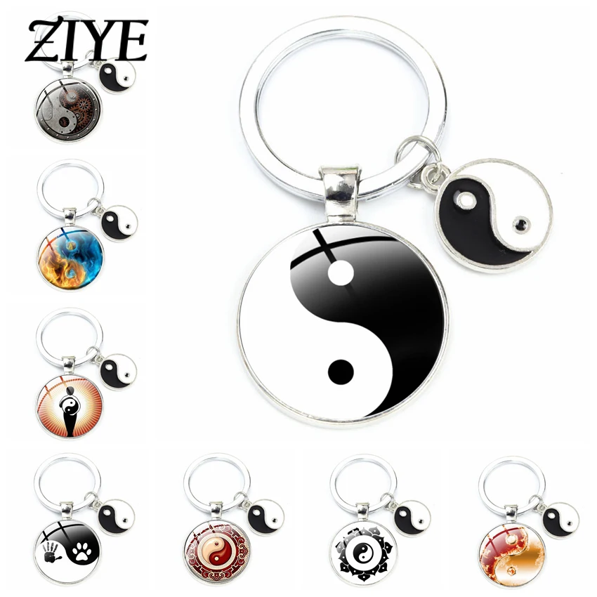 

Fashion Tai Chi Yin Yang Symbol Keychain Black White Enamel Charms Glass Dome Pendant Keyrings Chinese Style Bagua Jewelry Gifts