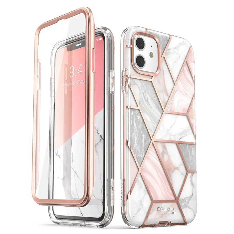 

Чехол i-Blason для iPhone 11, 6,1 дюйма (выпуск 2019 года), полноразмерный блестящий Мраморный бампер Cosmo со встроенным защитным экраном