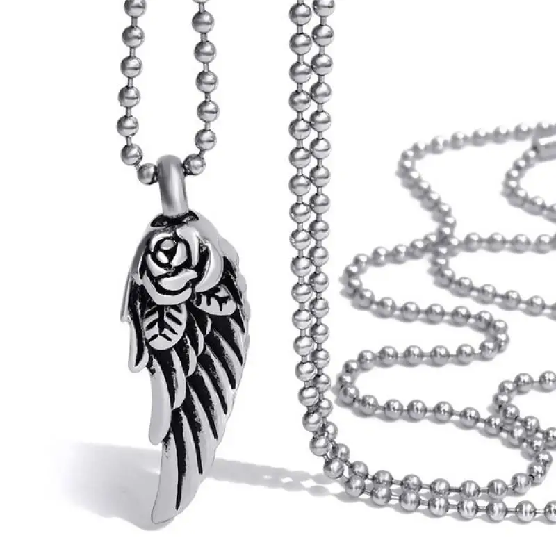 

Punk Wind Silver Color Guardian Angel Wings Carved Rose Pattern Pendant Necklace for Men and Women Casual Simple Jewelry Gift