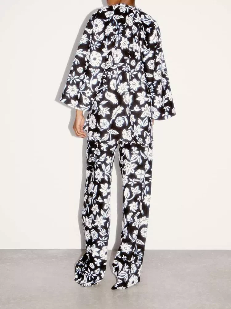 

Женский винтажный костюм с длинным рукавом, блузка с V-образным вырезом и принтом, прямые повседневные женские брюки с высокой талией, весна ...