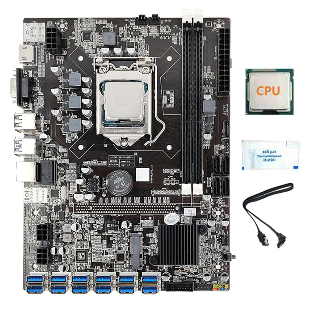 

B75 12 Card BTC Mining Motherboard+CPU+Thermal Grease+SATA Cable 12 USB3.0 to PCIE GPU Slot LGA1155 DDR3 RAM SATA3.0