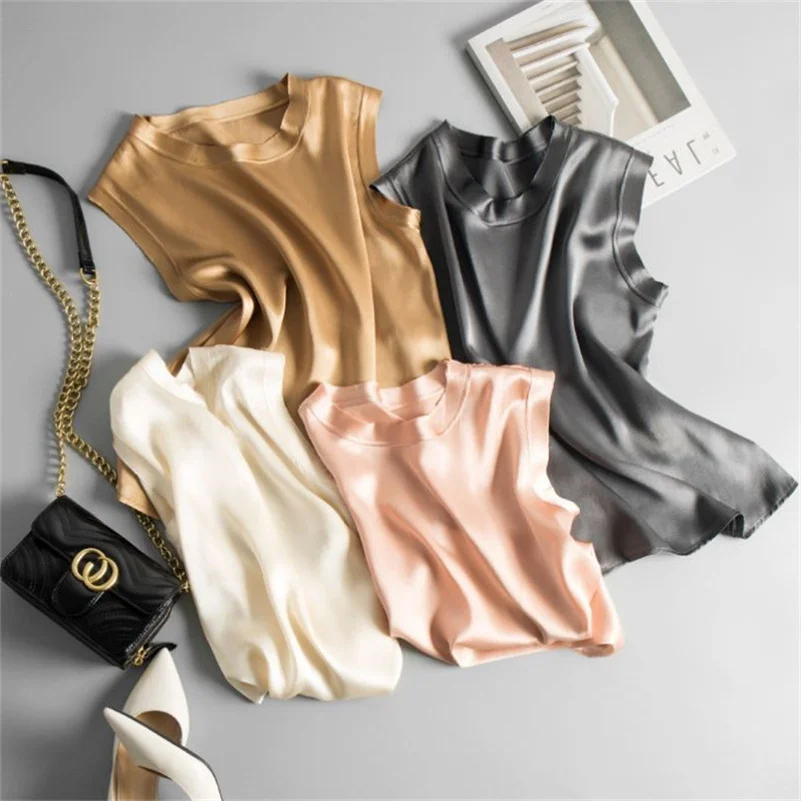 

Fashion Women Satin Silk O-Neck Tank Top Summer Thin Wild Vest Basic Tops Camisole Casual Shirt Solid Sleeveless T-Shirt