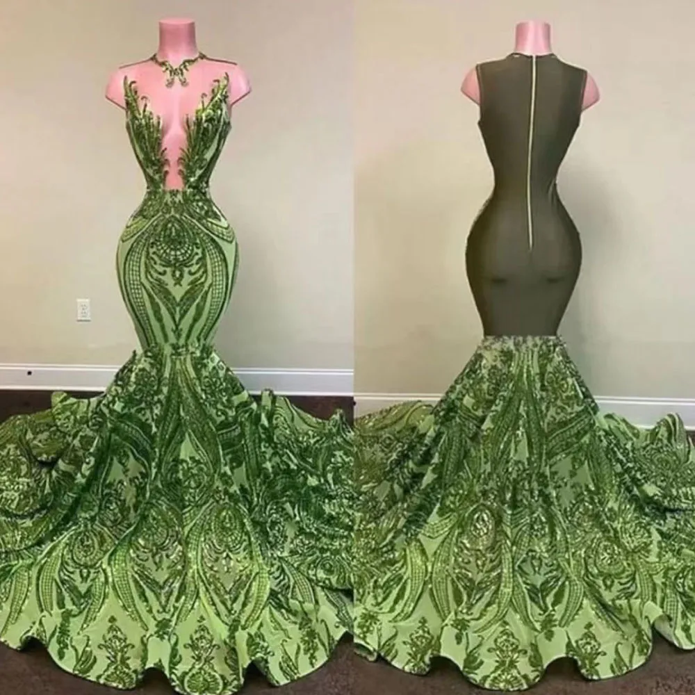

Кружевные Выпускные платья 2022, прозрачные вечерние платья до пола с юбкой-годе и вырезом лодочкой, зеленые платья