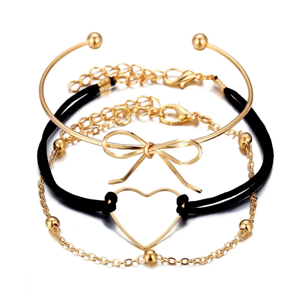 

3 Pcs/Set Women Hollowed Heart Bow-knot Beads Bracelets Adjustable Multilayer Metal Bangle