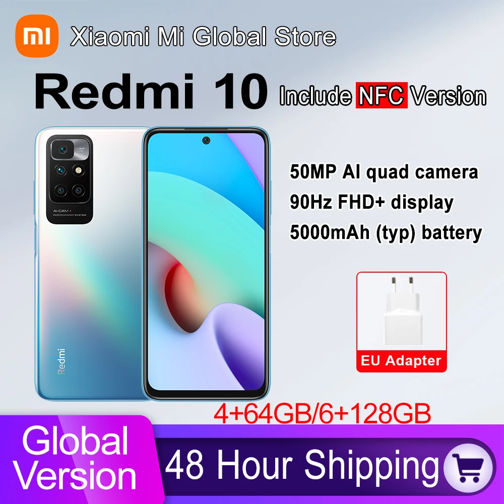 Global Version Xiaomi Redmi 10 2022 Phone 64GB/128GB MediaTek Helio G88 Octa Core 50MP Camera 90Hz FHD Display 5000mAh Battery