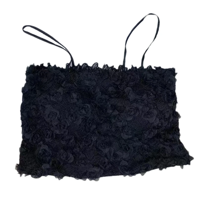 

Women Spaghetti Strap Crop Tube Top Vintage 3D Flower Petal Lace Padded Camisole