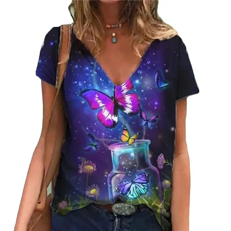 Новинка 2022 женская футболка свободного кроя с v-образным вырезом и принтом
