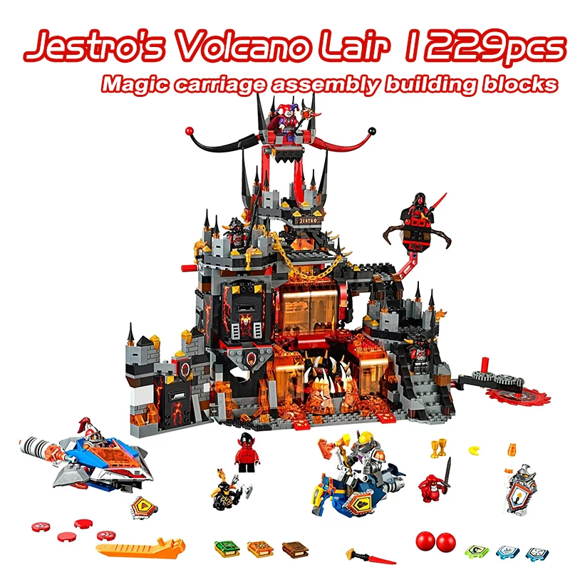 

Строительные блоки Nexo серия "Рыцари" Jestro's Volcano Lair, совместимые с базой для детей, 1229 кубиков, игрушки для мальчиков, подарки для детей, 70323 шт.
