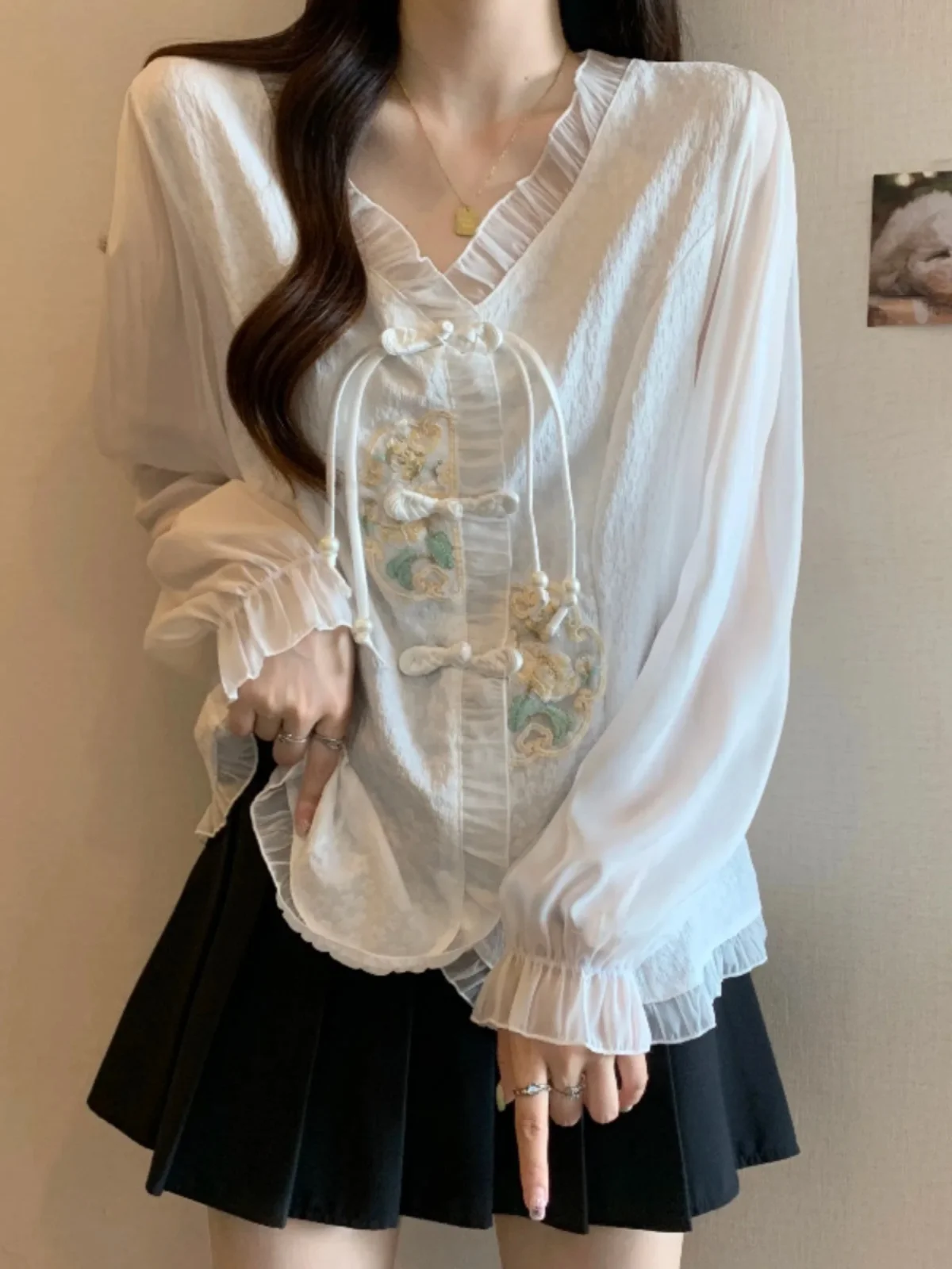 Новые китайские рубашки с длинным рукавом и V-образным вырезом в стиле ретро