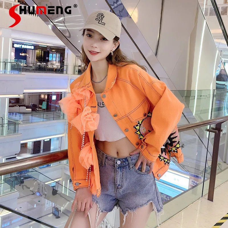 

Casual Orange Rhinestone Sequins Jean Jackets Woman Trendy Ins Spring and Autumn New Chic Elegant Women's Sequined Loose Jacket