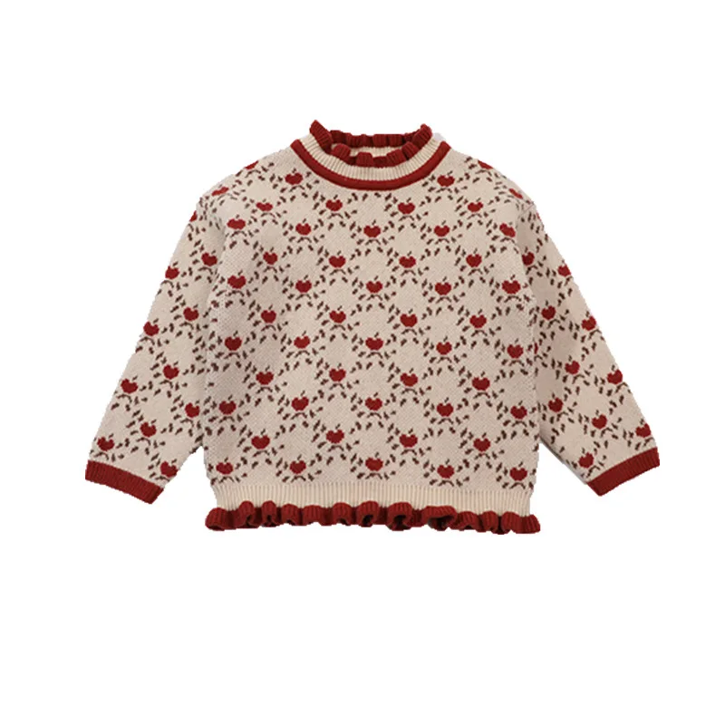 

2022 Winter Middle and Small Girls' New Korean Sweater Children's Little Love Pullover Wooden Ear Collar Sweater Knitted Sweater