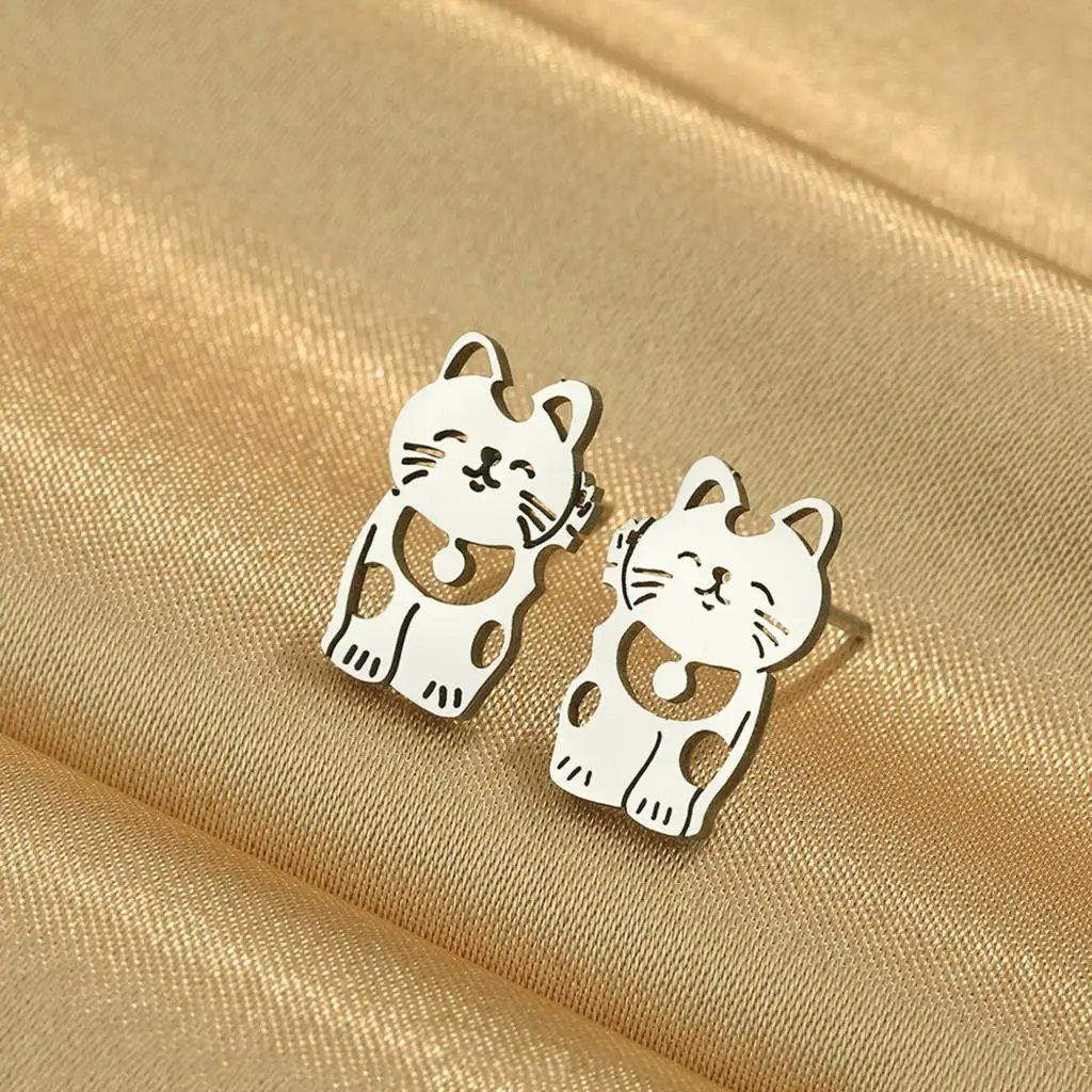 Простые Модные серьги-гвоздики Cxwind с лазерной гравировкой и котом на удачу из