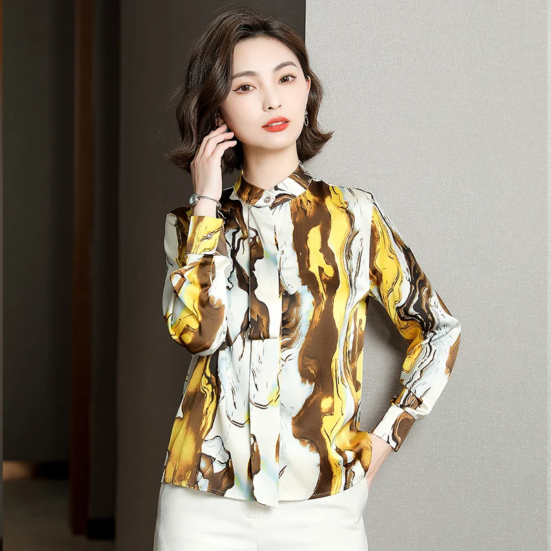 

Шелковая женская блузка свободная рубашка для девочек модный Повседневный Топ с длинным рукавом Шифоновая Летняя женская одежда в Корейск...