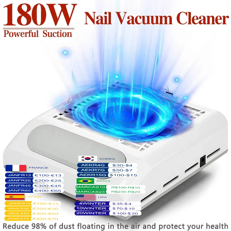 Upgrade 180W Nail Dust Vacuum Cleaner For Manicure Powerful Suction Nail Dust Collector With Reusable Filter Reduce 98% Dust