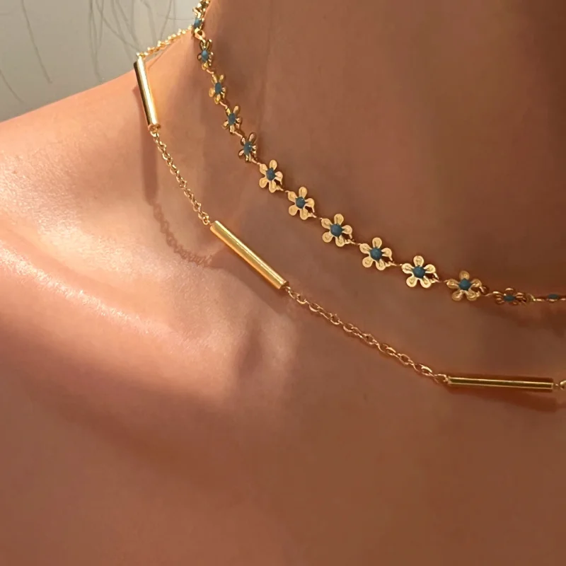 Daisy Flower Clavicle Chain Necklace Vintage Blue Small Flower Necklace Choker Stainless Steel Necklace for Women Korean Fashion