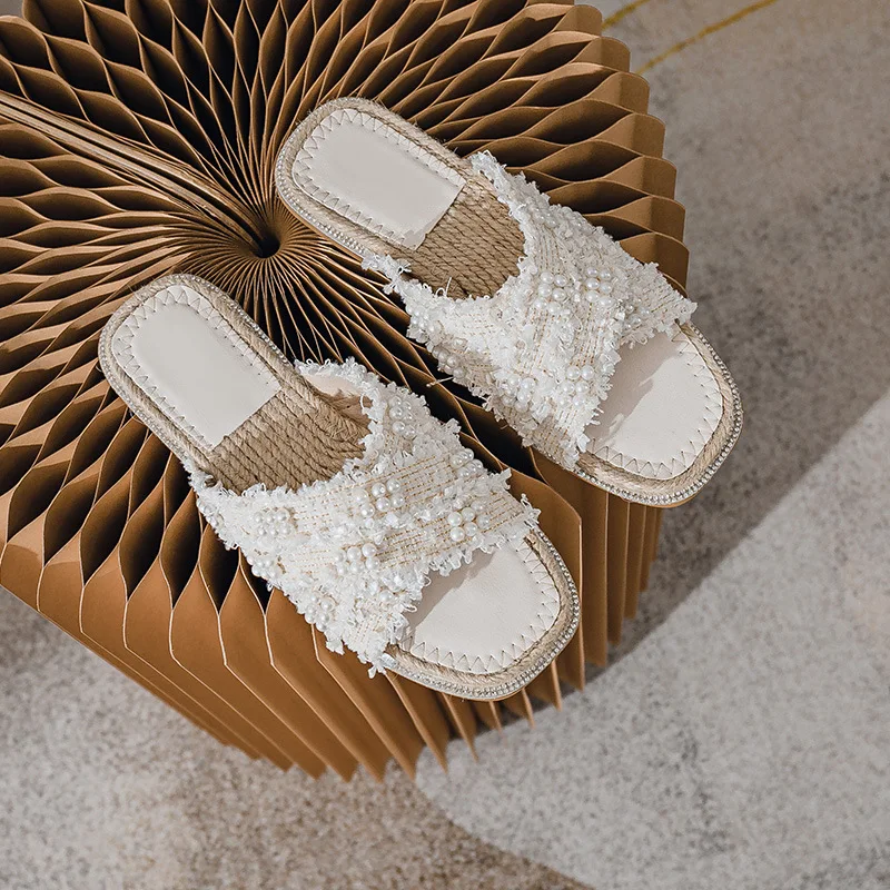 

Plus Size 42 43 Women Cross Strap Flat Sandals Slip on Pearls Frings Hemp Sole Fisherman Slippers Leisure Outdoor Lady Shoes