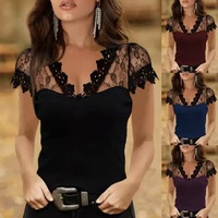 womens tops short sleeves lace stitching sexy v neck shirts fashion blouse women casual tops slim fit woman blouses