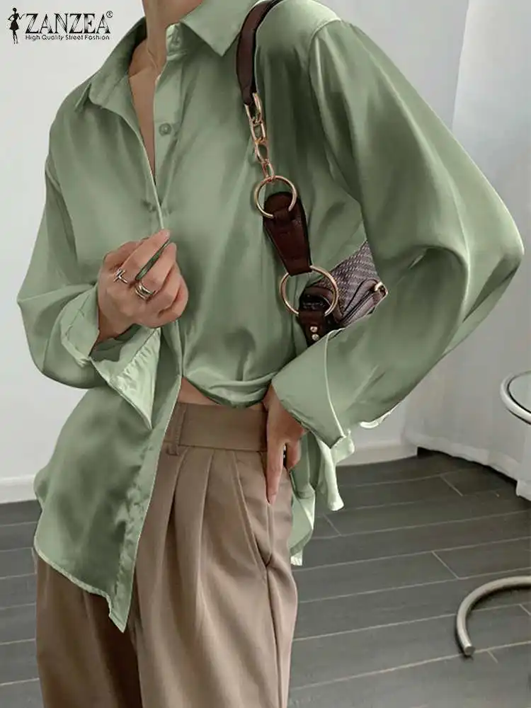 

ZANZEA 2023 Summer Spring Stain Women Blouse Fashion Casual Lapel Neck Elegant Long Sleeve Blusas Button Top OL Tunic Chemise
