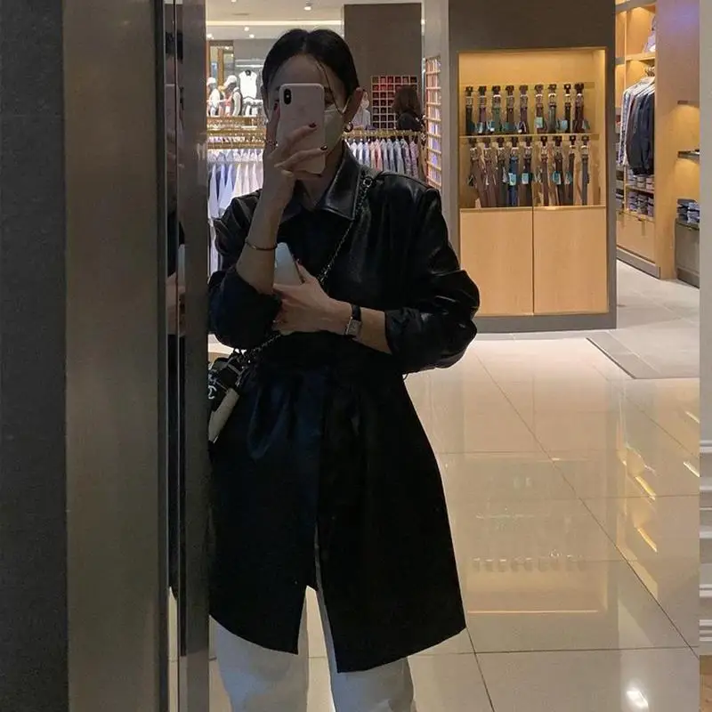 Black Leather Coat. Women's Autumn Midi Length Waist Coat  Office Ladt Brown  Pockets  High Street  Leather & Suede Clothes