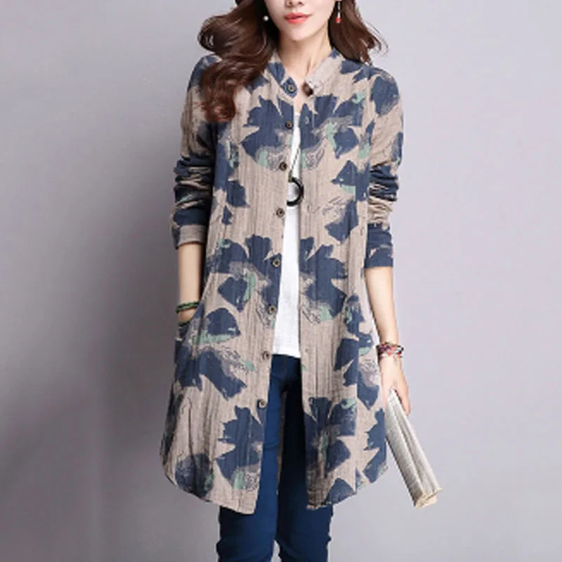 

Vintage All-match Long Sleeve Printed Shirt Women's Clothing Spring Autumn Fashion Single-breasted Casual Midi Blouse for Female