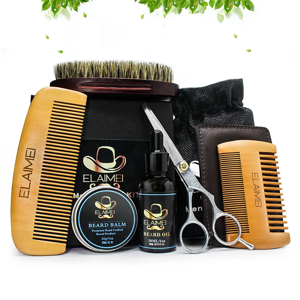 

6pcs Beard Grooming Kit Essential Oil Balm with Scissor Comb Brush for Men Daily Care Random Style