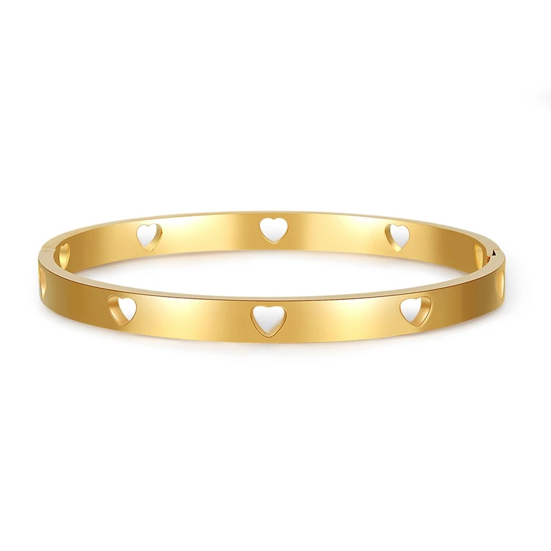 

Luxury Gold Color Hollow Heart Men Women OL Bangles Trendy Stainless Steel Cuff Charm Bracelets Hand Wrist Fashion Jewelry