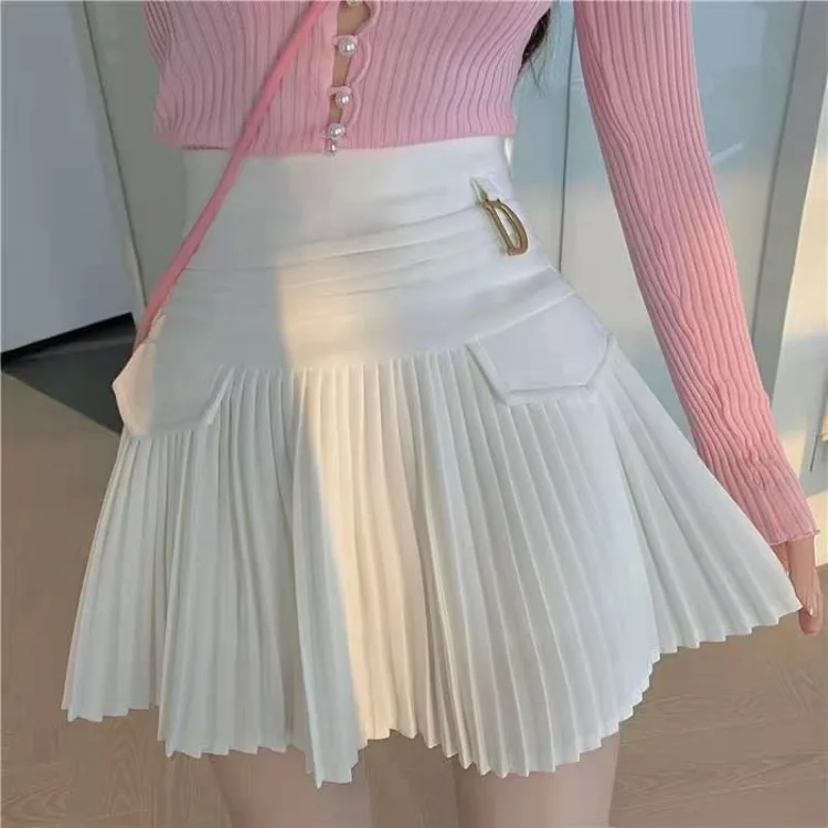 

White Pleated Skirts Sexy Casual Slim College Women High Waist Mini Metal Letter D A-Line Clubwear Korean Fashion Style