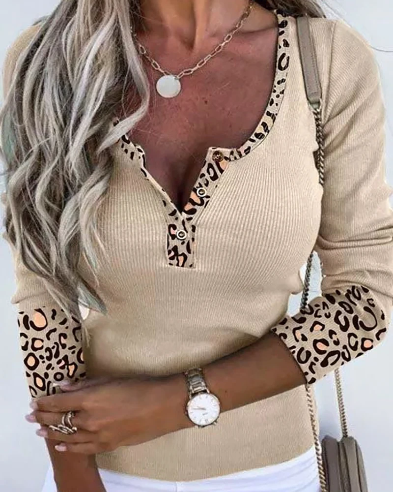 

2023 Ninimour Women Long Sleeve Buttoned Cheetah Print Top New Spring Autumn Round Neck Casual Leopard Blouse Sweatshirts Female