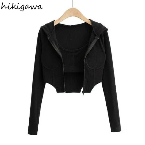Korean Hoodie for Woman Fashion Suit Hooded Zipper Sweatshirt Tops Coat Sexy Sling Vest Outfits Y2k Clothes Two Piece Women