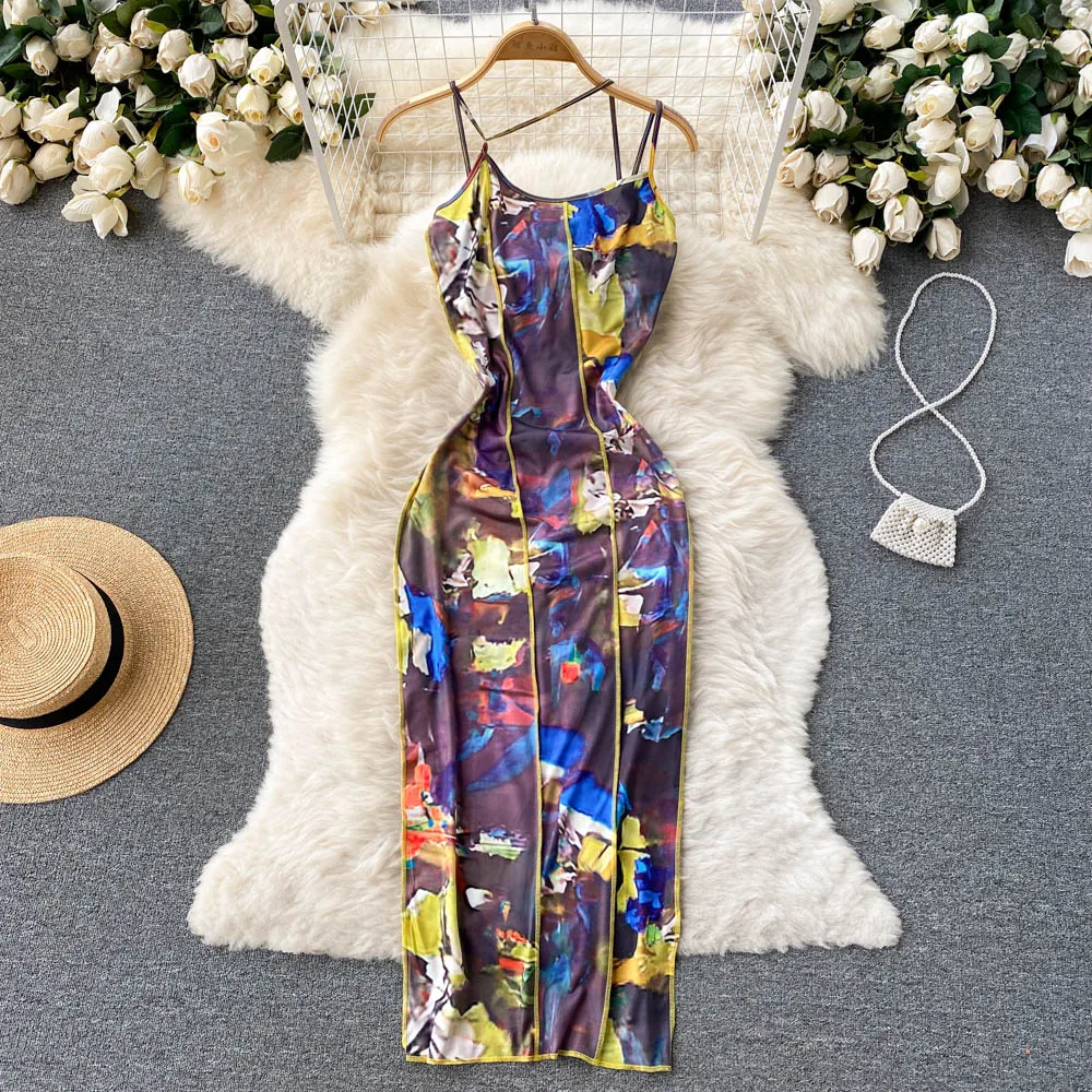

European and American Style New Open-back Beach Dress Seaside Holiday Style Suspender Dress Loose and Thin Printed Long Dress